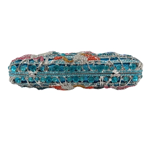 Luxury blue flamingo crystal cylindrical clutch bag with silver metal frame for banquet