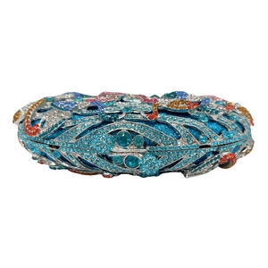 Luxury oval clutch bag with blue flamingo peacock crystal rhinestones for women