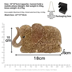 Detailed specs of hollow elephant evening bag with champagne crystals and copper chain