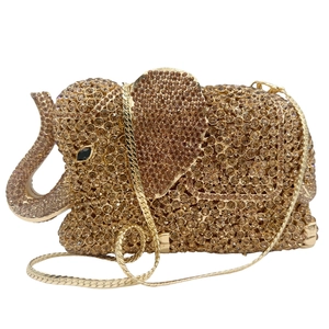 Detail of elephant evening bag showing intricate champagne crystal setting and gold snake chain