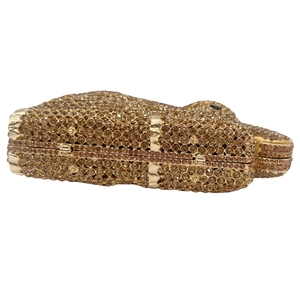 Luxury champagne gold elephant crystal clutch bag featuring intricate rhinestone inlay
