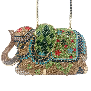 Detailed close-up of crystal elephant evening bag with vibrant colorful rhinestones