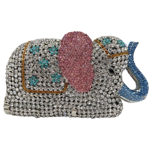 Detailed view of colorful rhinestones on a hollow elephant shaped evening clutch bag