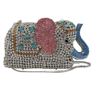 Detailed view of hollow elephant evening bag with colorful crystals and silver chain