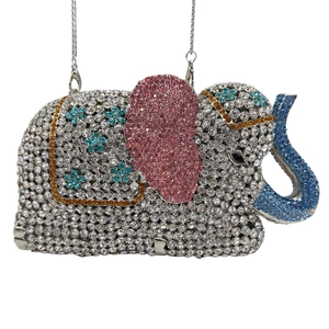 Detailed view of crystal elephant evening bag featuring colorful rhinestones and silver chain