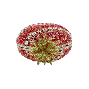 Exquisite pineapple evening clutch encrusted with colorful rhinestones and green crystal leaves