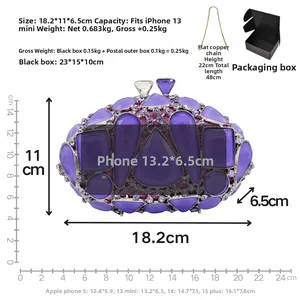 Pochette de soirée violette en strass 18,2x11x6,5cm avec chaîne en cuivre plate
