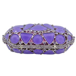 Pochette de soirée violette avec strass, cristaux géométriques et bandoulière chaîne