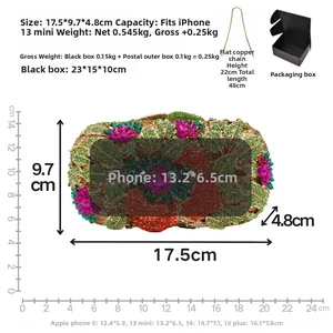 Tableau des tailles détaillé pour pochette en cristal floral avec chaîne et boîte cadeau