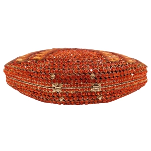 Rugby-shaped evening clutch bag with orange rhinestones and large gem closure