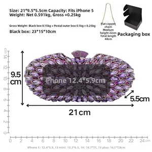 Detailed dimensions of violet rhinestone evening clutch bag with 48cm copper metal chain