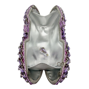 Violet hollow-out luxury evening clutch bag with sparkling crystals and silver lining