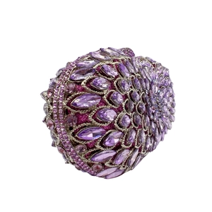 Violet crystal encrusted oval evening clutch bag with petal pattern for wedding formal party