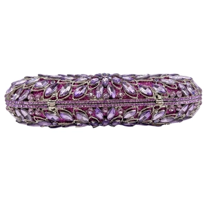 Luxurious violet crystal evening clutch bag with floral rhinestone patterns and silver frame