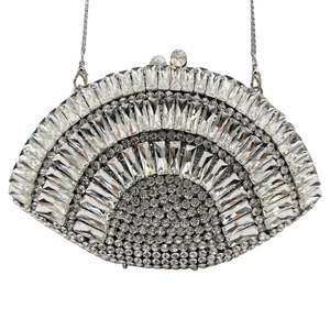 Exquisite silver fan-shaped clutch bag with luxury rhinestones and silver chain strap