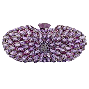 Violet crystal evening clutch bag with sparkling diamond floral pattern and metal clasp
