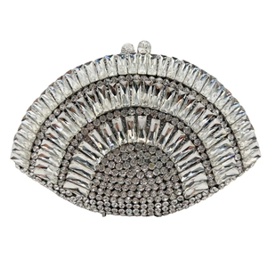 Detailed view of fan-shaped clutch bag featuring full rhinestone inlay and metal clasp