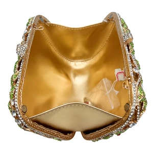 Abendtasche mit grünen und weißen Strasssteinen, Goldrahmen und Metallfutter