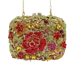 Abendtasche Rose Mit Straßsteinen Blumenkristall Legierung Luxus Hochzeit Bankett Damen Handtasche Mit Kette