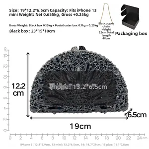 Size chart showing clutch dimensions 19x12.2x6.5cm with rhinestone details