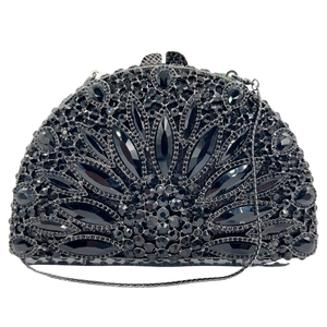 Luxury Evening Clutch Bag Black Rhinestone Crystal Alloy Hollow Out Fan Shape With Chain Strap For Party Wedding Handbag