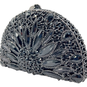 Elegant black rhinestone clutch bag featuring a metallic镂空fan pattern for evening gala