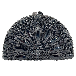 Elegant semi-circular black clutch bag with peacock diamond pattern and metal clasp