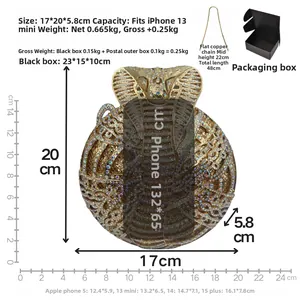 Detailed dimensions of cobra rhinestone clutch bag with chain strap and packaging box