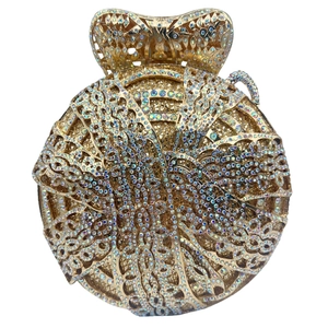 Luxury gold round evening clutch bag with Egyptian cobra rhinestone and metal bow clasp