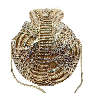 Golden cobra rhinestone round evening clutch bag with sparkling crystal snake ornament