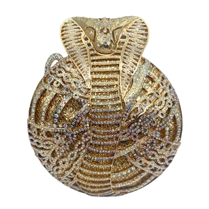 Luxury Egyptian cobra gold round evening clutch bag with sparkling colorful rhinestones