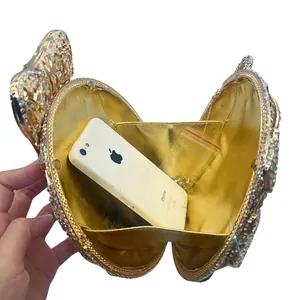 Exquisite golden butterfly evening clutch bag encrusted with colorful rhinestones for women