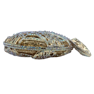 Golden cobra-shaped rhinestone evening clutch bag with hollow out metallic frame