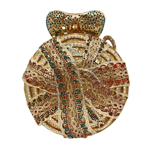 Luxury round rhinestone evening bag with colorful crystals and gold metal bow clasp