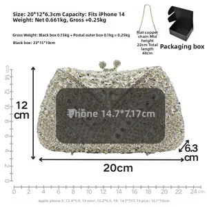 Luxury silver crystal clutch bag dimensions 20x12x6.3cm shown with metal chain and gift box