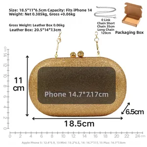 Detail of gold rhinestone clutch with 35cm and 120cm chain straps and packaging box