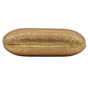 Macro view of gold rhinestone evening clutch bag with luxury capsule metal hinge detail