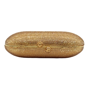 Luxurious champagne gold crystal clutch bag with double sphere clasps on white background