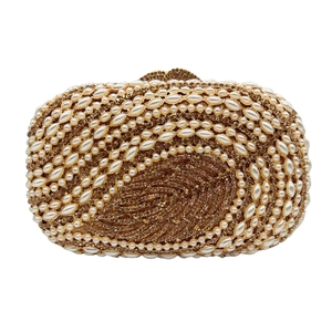 Luxury Evening Clutch Bag Faux Artificial Pearl Rhinestone Hollow Leaf Pattern Hard Shell Metal Chain For Wedding Banquet Party