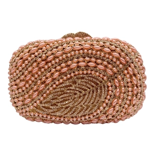 Leaf hollow out crystal evening handbag with pearls and rose gold rhinestones