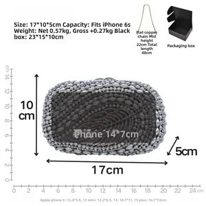 Size chart for crystal leaf evening clutch with 17x10x5cm dimensions and chain detail