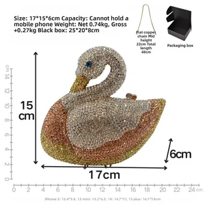 Size chart for swan crystal evening bag showing dimensions 17x15x6cm and chain length