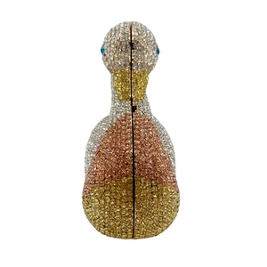 Detailed close-up of crystal duck evening clutch bag featuring colorful hand-set rhinestones