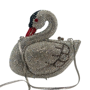 Exquisite swan-shaped evening clutch bag with sparkling crystal rhinestones and chain