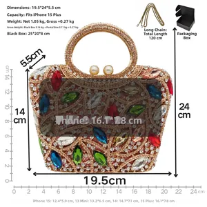 Size chart for rhinestone evening clutch showing dimensions 19.5 x 24 x 5.5cm with phone fit