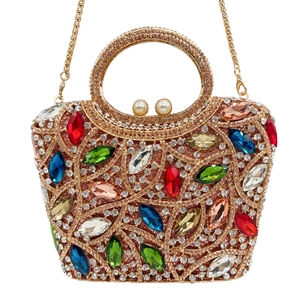 Luxury Rhinestone Evening Bag Full Crystal Gemstone Clutch Purse With Round Handle And Faux Artificial Pearl Clasp For Wedding Party