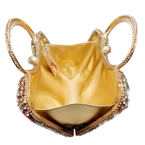 Luxury gold evening clutch with full rhinestones, pearls and dual round handles