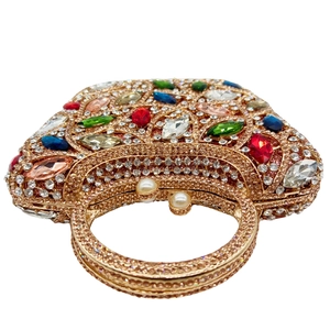 Luxury evening clutch bag with multicolored rhinestones and champagne gold metal handle