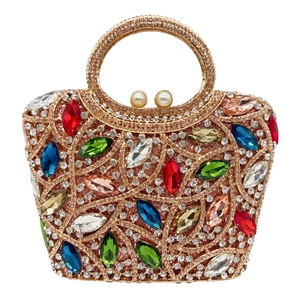 Luxury gold evening clutch with multicolor rhinestones and faux pearl closure
