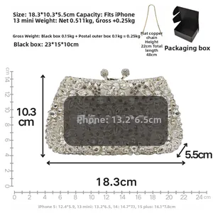 Silver rhinestone clutch bag dimensions 18.3x10.3x5.5cm with luxury crystal detailing